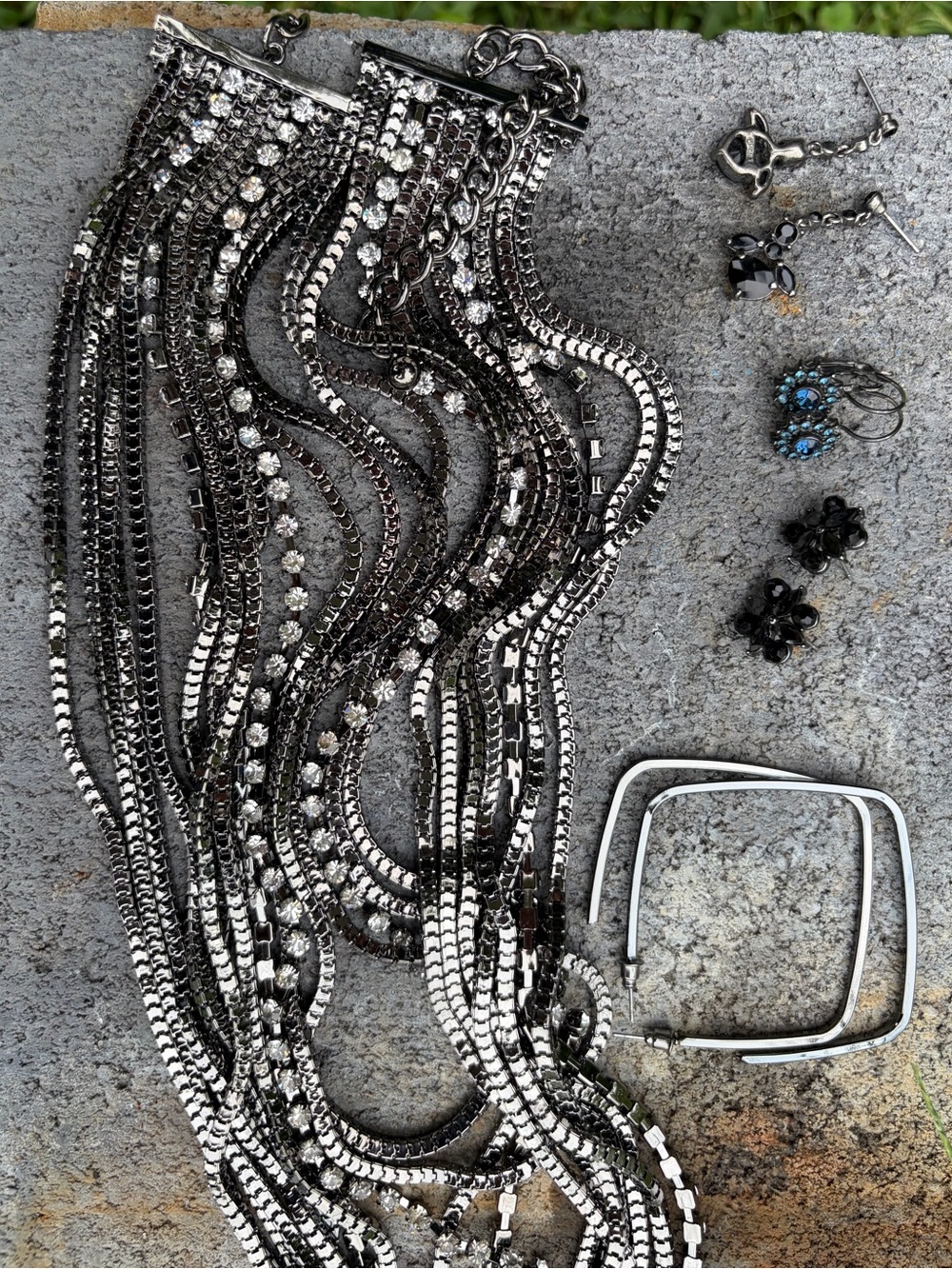 Multi-Chain Gunmetal Statement Necklace with Matching Earrings